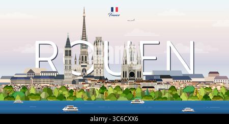 Rouen cityscape colorful vector illustration with big city name on the background. Travel trendy poster Stock Vector