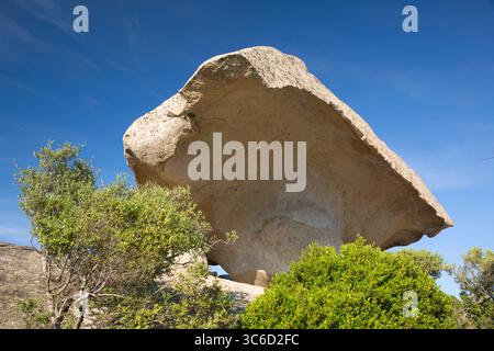 Arzachena, Gallura, Sardinia, Italy. The Roccia Il Fungo, aka Mushroom Rock, a bizarre granite outcrop overlooking the town. Stock Photo
