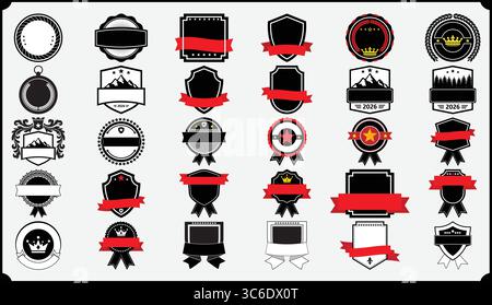 Collection of various black and white badge designs with red ribbon accents on a white background Stock Vector