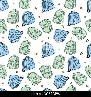 Back to school seamless vector pattern. Blue and green backpacks on a white background. Pattern school supplies. Vector illustration. Hand-Drawn doodle sketch, Flat design. Multicolored elements Stock Vector