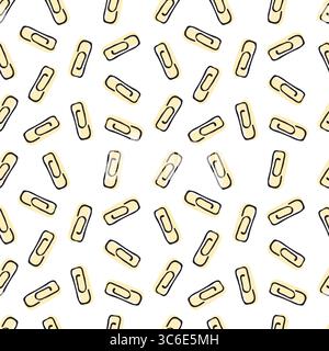 Seamless vector pattern with yellow paper clips on white background. Paper clips background. Paper clips vector illustration in doodle sketch Stock Vector
