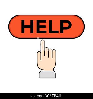 Help Button Icon with Hand Click Illustration. A hand with a pointing finger is about to click on the button, highlighting its interactive nature. Stock Vector