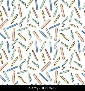Seamless vector pattern with stationery. School supplies on white background. Back to school. Vector illustration. Hand-Drawn doodle sketch, Flat design. Multicolored elements Stock Vector