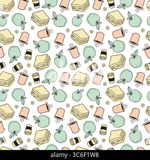 Seamless pattern with hand drawn food on white background. Apple, sandwich, coffee. School and office food. Fast food. Culinary themed texture. Vector illustration in doodle sketch style. Stock Vector