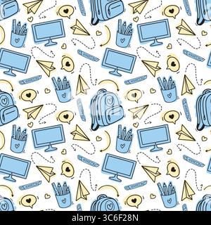 Back to school seamless vector pattern. Blue and yellow school supplies on white background. Pattern school supplies. Vector illustration. Hand-Drawn doodle sketch, Flat design. Multicolored elements Stock Vector