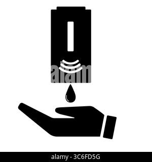 Hand sanitizer bottle icon above hand silhouette in black and white design Stock Vector