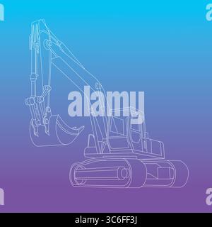 Left side perspective view line vector drawing of construction heavy machine excavator 2. Continuous line drawing. Stock Vector