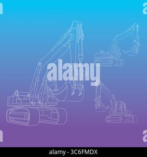 Line vector of excavator in different angle. Heavy equipment for construction. Stock Vector