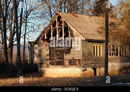 A wooden house with extensive fire damage and missing boards exposes its skeletal beams and charred panels, standing on a cracked foundation amid wild Stock Photo