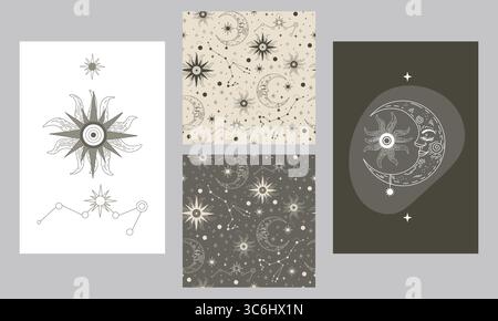 Esoteric mystery stars and moon, cosmic elements. Modern boho abstract set of minimalist posters and seamless pattern, hand-drawn vector illustration. Stock Vector