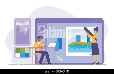 Graphic designers working on illustration. Vector illustration Stock Vector