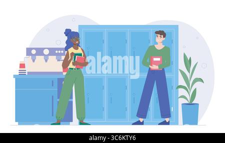 Students chatting near lockers indoors. Vector illustration Stock Vector