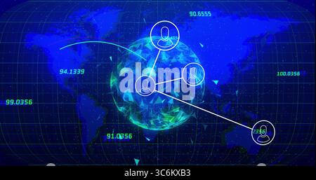Displaying central polygonal globe glowing on digital interface, with user icons and numeric data. Technology, connectivity, data, digital, network, i Stock Photo
