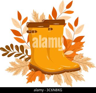 Yellow autumn rubber boots surrounded by colorful fall leaves in shades of yellow, orange, and brown. Vector illustration on white background. Seasonal autumn concept Stock Vector