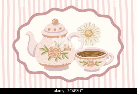 Kitchen vintage striped background with teapot and chamomile tea in rectangle wavy frame. Cute hand drawn doodle style in pink and beige. Great for Stock Vector