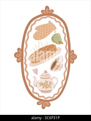 Breakfast vintage design in oval frame with teapot, cup, pie and pear. Cozy cartoon style art in soft brown and green. Perfect for postage stamp or Stock Vector