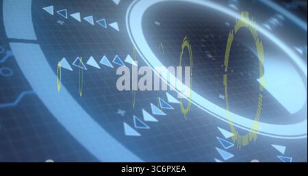 Projecting central holographic ring hovering over dark grid, with yellow segments and blue arrows Stock Photo