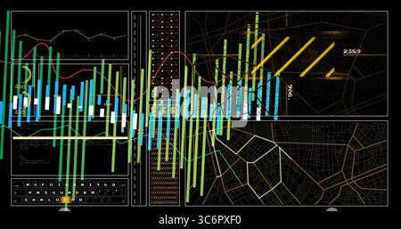 Displaying central vertical bar charts and red trend line on digital dashboard, with numeric labels Stock Photo