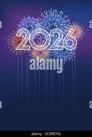 The Year 2026 Symbol Logo And Celebratory Fireworks With Text Space On A Dark Background. Vector illustration Celebrating The New Year. Stock Vector