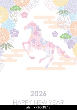 2026, The Year Of The Horse, New Year’s Greeting Card Template With A Prancing Horse Silhouette And Japanese Vintage Floral Patterns. Stock Vector