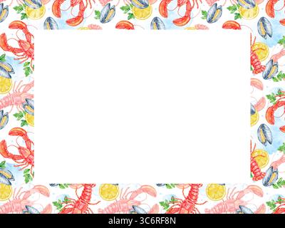 Rectangle seafood rectangle frame with lobster, shrimp, lemon, parsley pattern on white background. Central space left for text. Perfect for food menu Stock Photo