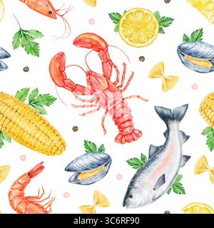 Seamless watercolor seafood pattern with lobster, corn, shrimp, lemon, mussels, fish, parsley, pasta, and pepper on white background. Ideal for food w Stock Photo