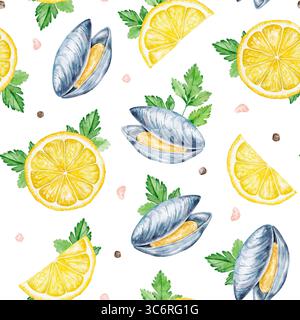 Seamless watercolor pattern of mussels, lemon slices, parsley, and peppercorns on white background. Perfect for seafood packaging, restaurant menus, f Stock Photo