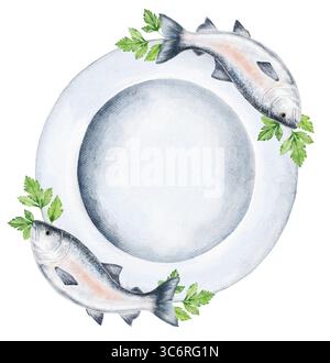 Round seafood frame with fish and parsley placed over a white ceramic plate on white background. Central space left for text. Perfect for culinary log Stock Photo