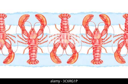 horizontal seamless border with repeating watercolor lobsters on soft blue watercolor stripes and white background. Ideal for menu borders, seafood wr Stock Photo