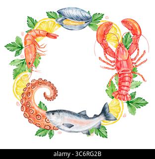 frame is a wreath on a marine theme. shells, corals, starfish, algae ...