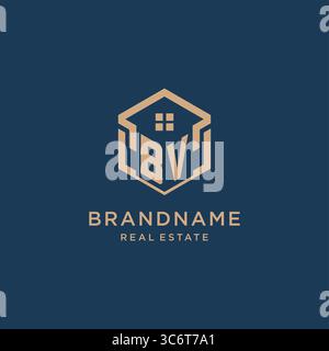 Initial BV hexagonal house roof shape icon logo design vector graphic Stock Vector