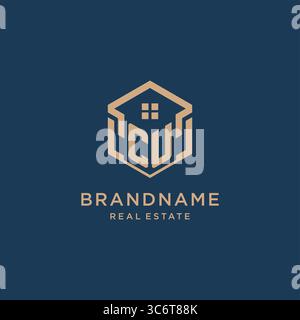 Initial CU hexagonal house roof shape icon logo design vector graphic Stock Vector
