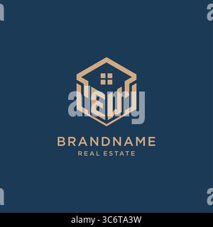Initial EW hexagonal house roof shape icon logo design vector graphic Stock Vector