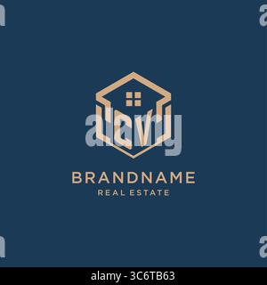 Initial CV hexagonal house roof shape icon logo design vector graphic Stock Vector