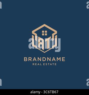 Initial AT hexagonal house roof shape icon logo design vector graphic Stock Vector