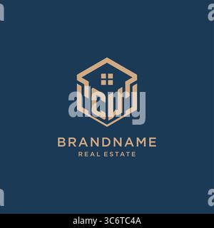Initial CW hexagonal house roof shape icon logo design vector graphic Stock Vector