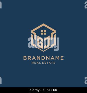 Initial GJ hexagonal house roof shape icon logo design vector graphic Stock Vector