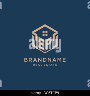 Initial EP hexagonal house roof shape icon logo design vector graphic Stock Vector