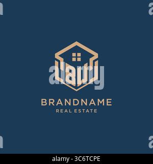 Initial BW hexagonal house roof shape icon logo design vector graphic Stock Vector