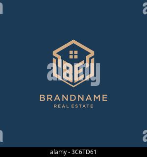 Initial BE hexagonal house roof shape icon logo design vector graphic Stock Vector