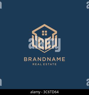 Initial CE hexagonal house roof shape icon logo design vector graphic Stock Vector