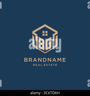 Initial BG hexagonal house roof shape icon logo design vector graphic Stock Vector