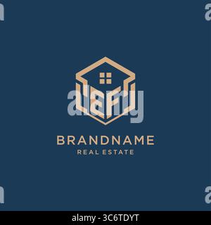 Initial EF hexagonal house roof shape icon logo design vector graphic Stock Vector