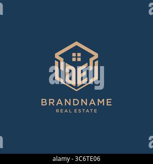 Initial DE hexagonal house roof shape icon logo design vector graphic Stock Vector