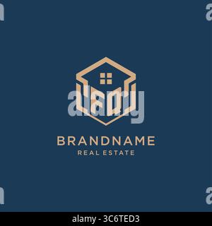 Initial FQ hexagonal house roof shape icon logo design vector graphic Stock Vector