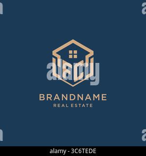 Initial FC hexagonal house roof shape icon logo design vector graphic Stock Vector