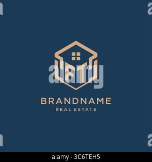 Initial FT hexagonal house roof shape icon logo design vector graphic Stock Vector