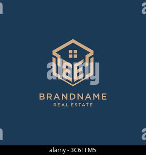 Initial EE hexagonal house roof shape icon logo design vector graphic Stock Vector