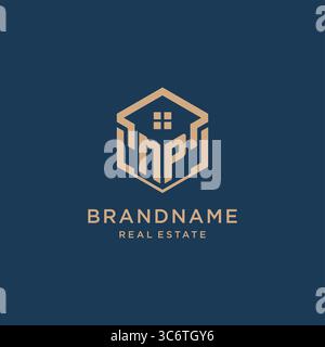 Initial MP hexagonal house roof shape icon logo design vector graphic Stock Vector