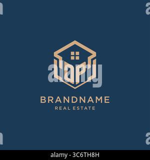 Initial DP hexagonal house roof shape icon logo design vector graphic Stock Vector